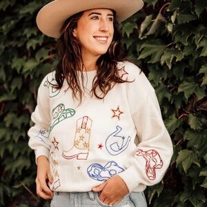 Ivory Knit Blue B Howdy Metallic Embroidered Sweater in size Small